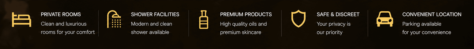 Private Rooms, Shower Facilities, Premium Products, Safe and Discreet, Convenient Location